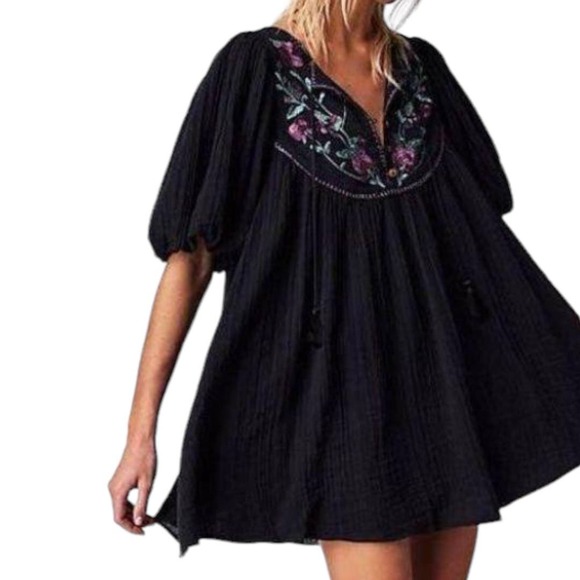 Free People Rosa Linda Embroidered Mini Dress Babydoll Black Combo NEW Medium - Picture 1 of 8
